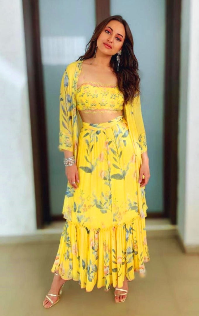 Yellow floral printed georgtte beautiful indowestern crop top lehenga with shrug