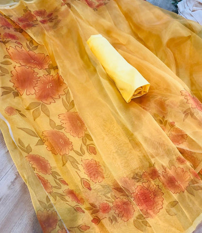 Yellow floral printed organza saree