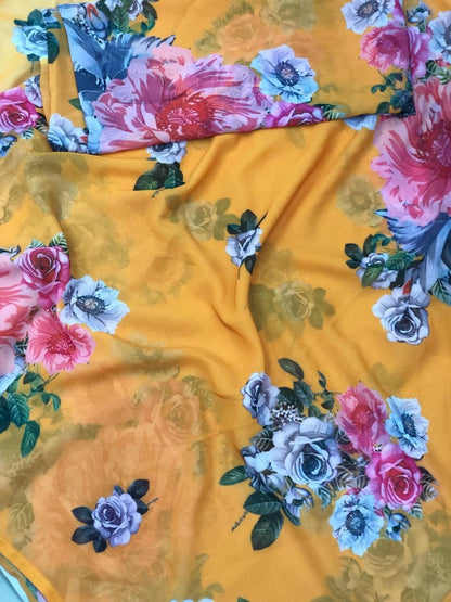 yellow flower printed digital printed georgette saree