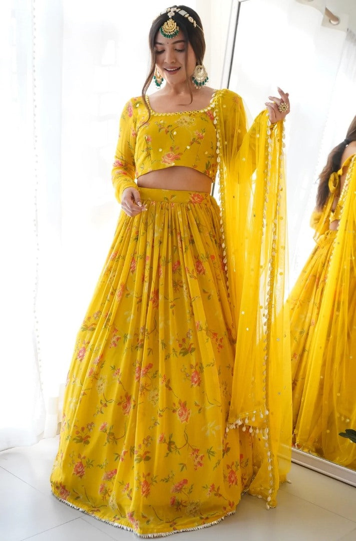 Yellow flower printed georgette lehenga choli for haldi ceremony