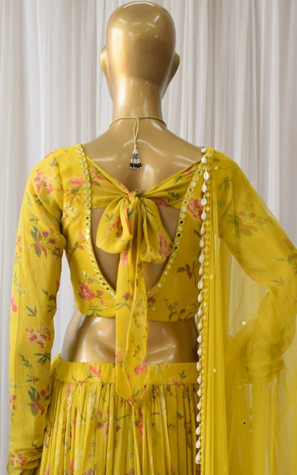 Yellow flower printed georgette lehenga choli for haldi ceremony