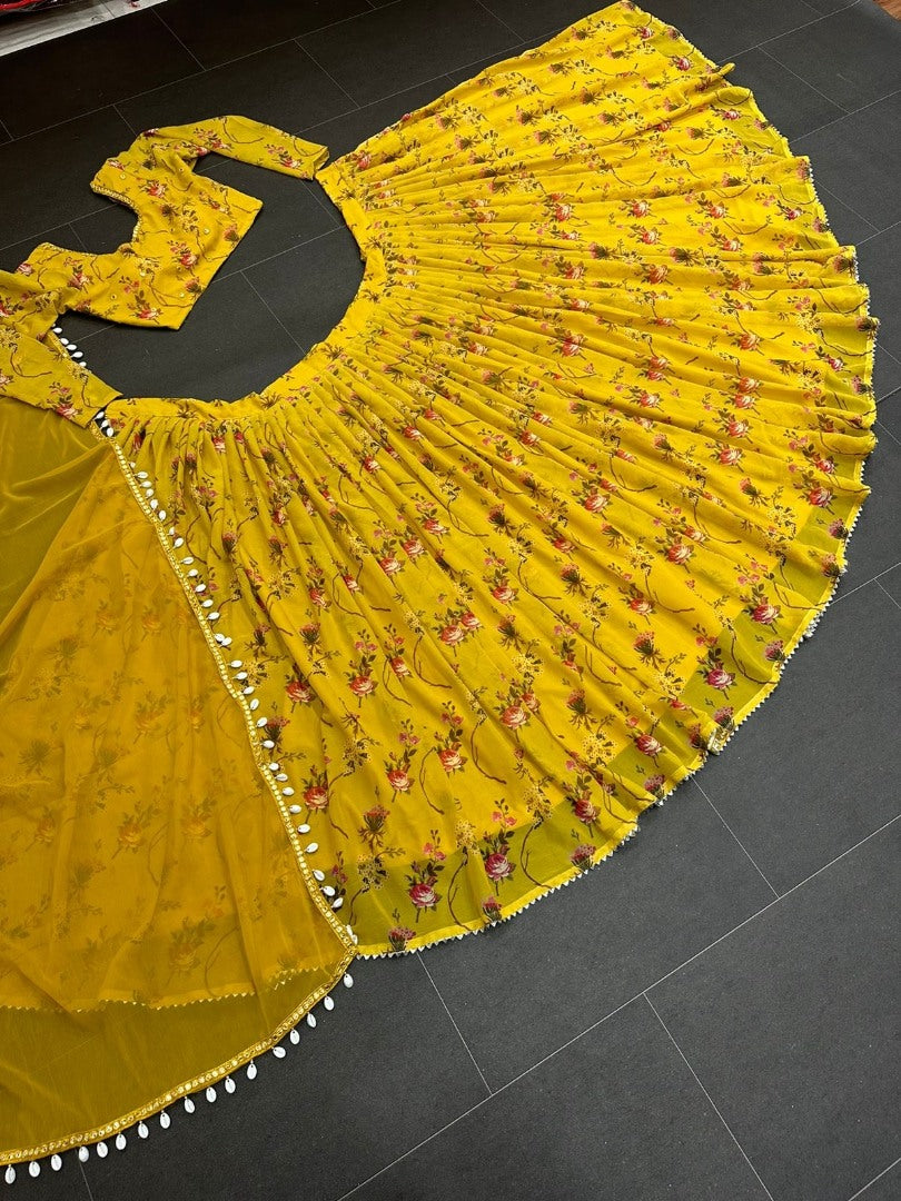 Yellow flower printed georgette lehenga choli for haldi ceremony