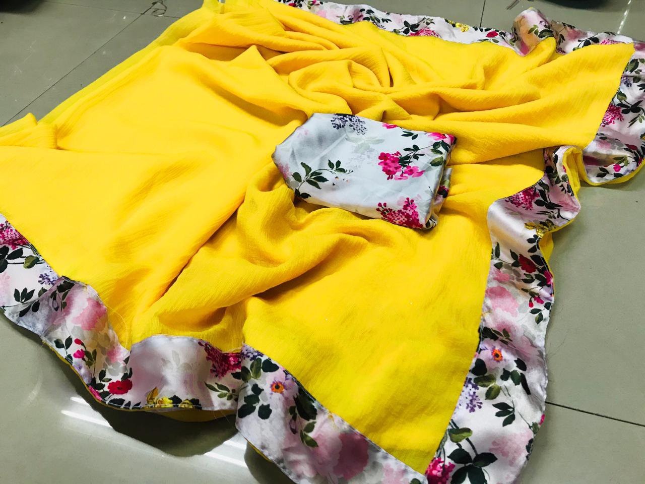 Yellow georgette beautiful digital print border saree