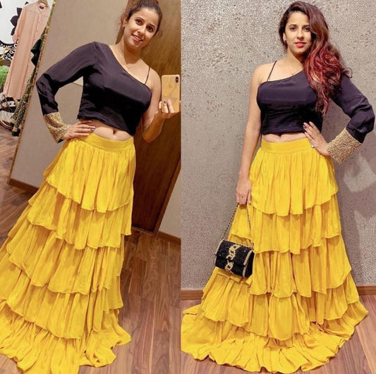 Yellow georgette beautiful ruffle partywear lehenga