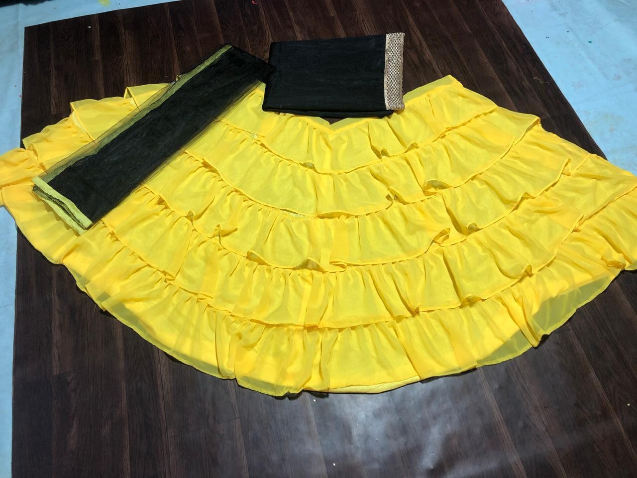 Yellow georgette beautiful ruffle partywear lehenga