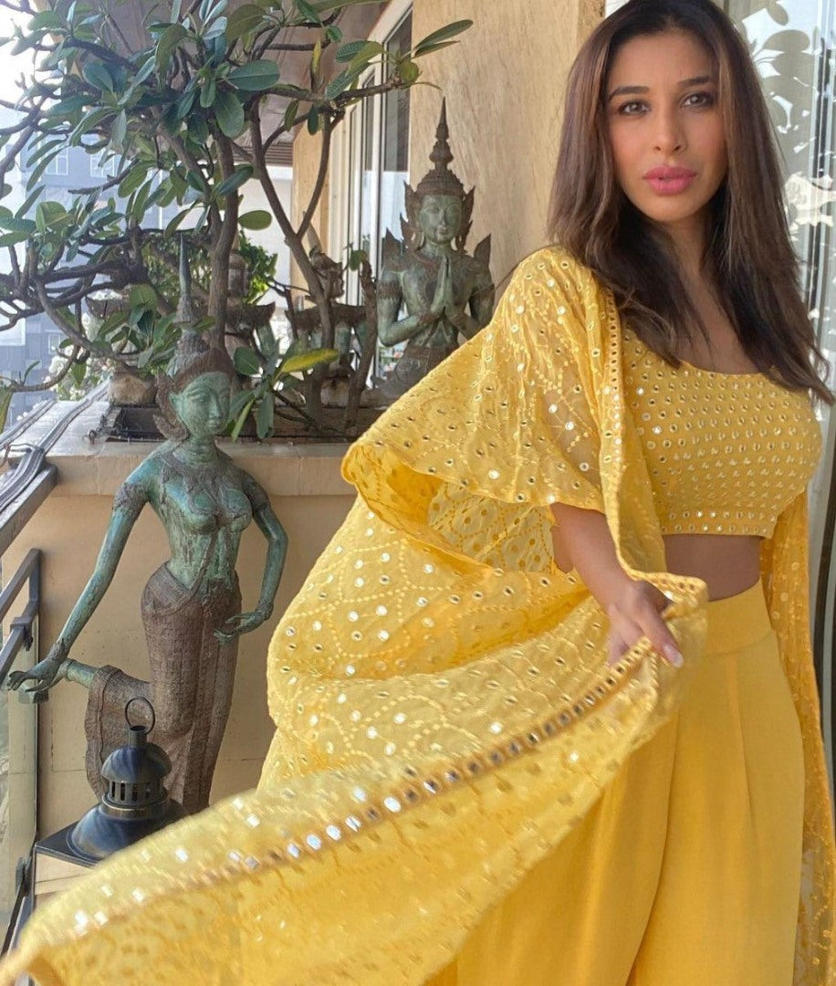 Yellow georgette big sequence work plazzo suit with shrug