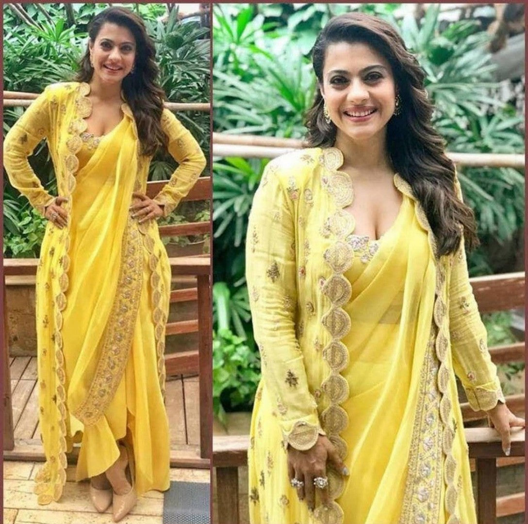 yellow georgette bollywood indowestern saree with shrug