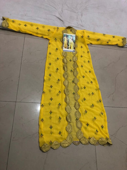 yellow georgette bollywood indowestern saree with shrug