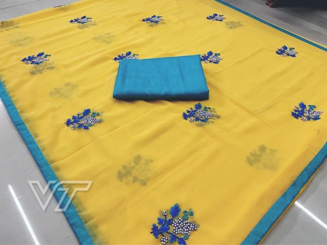 yellow georgette casual wear embroidered saree
