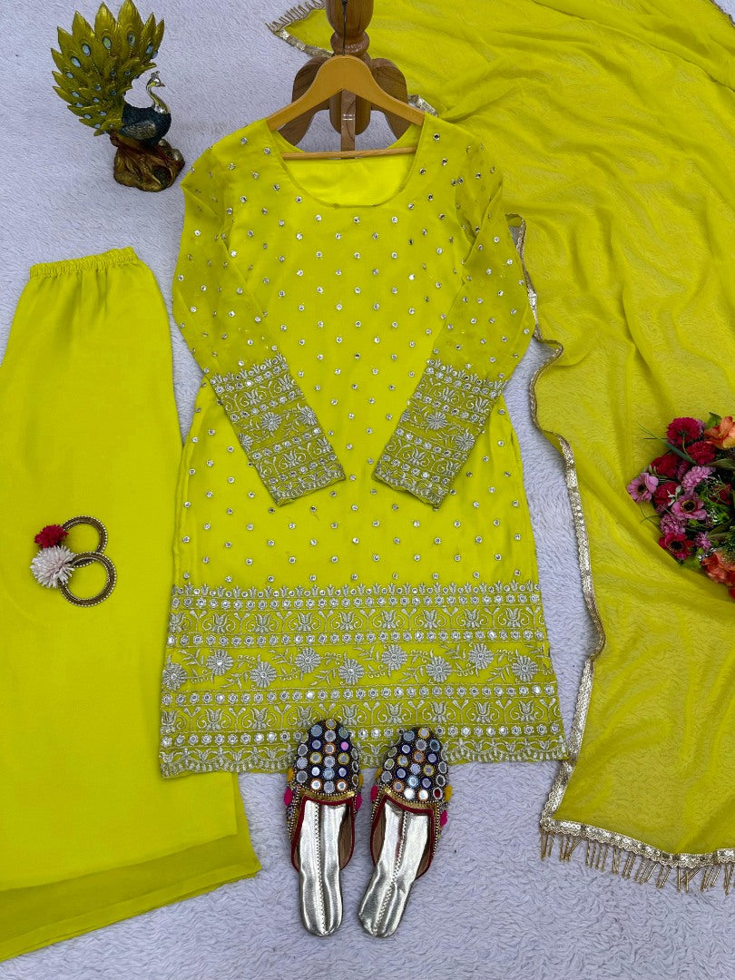 Yellow georgette ceremonial palazzo suit