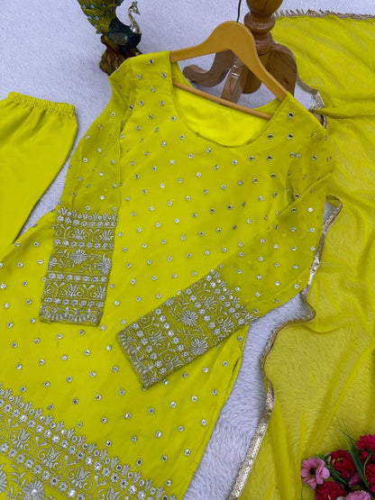 Yellow georgette ceremonial palazzo suit