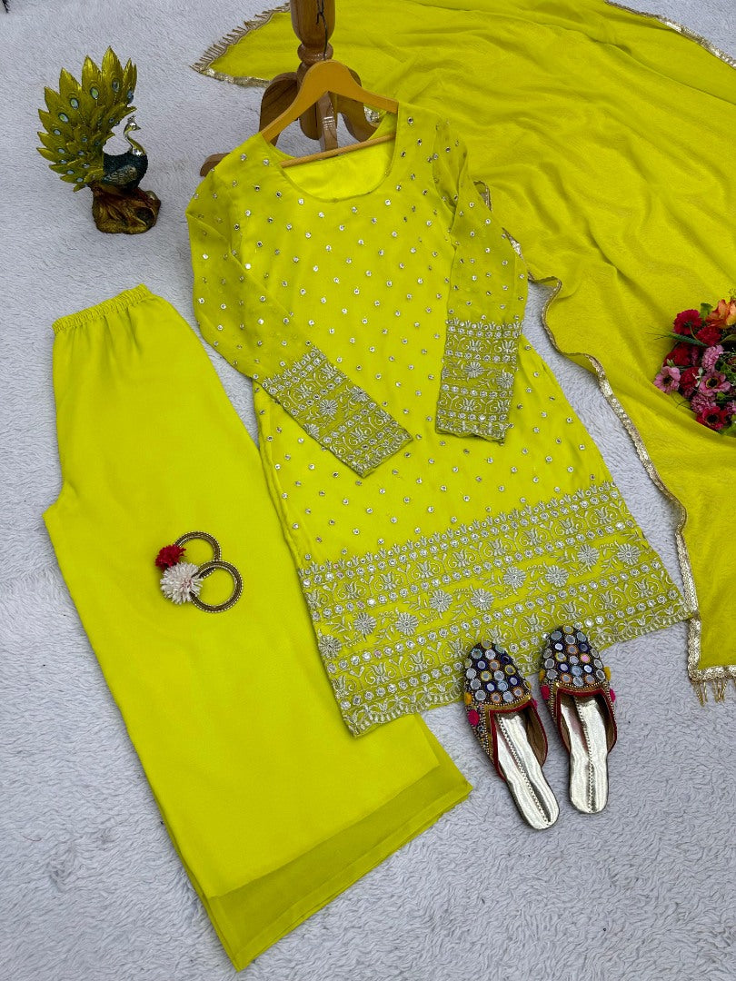Yellow georgette ceremonial palazzo suit