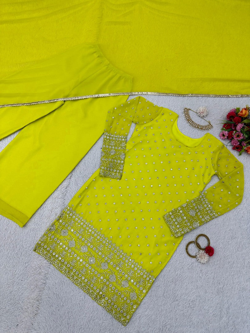 Yellow georgette ceremonial palazzo suit