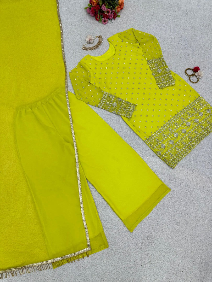 Yellow georgette ceremonial palazzo suit