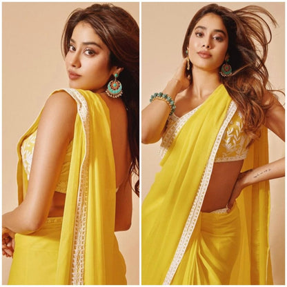 Yellow georgette chain stitch work border saree