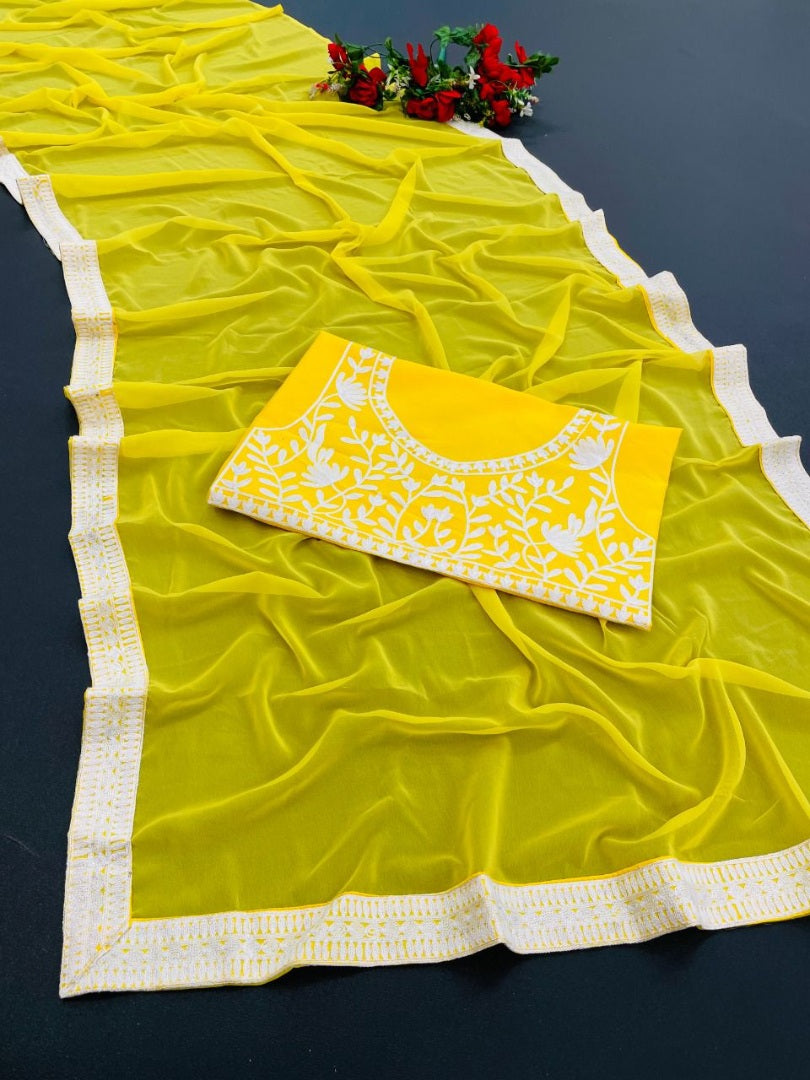 Yellow georgette chain stitch work border saree