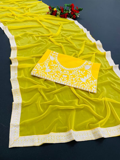 Yellow georgette chain stitch work border saree