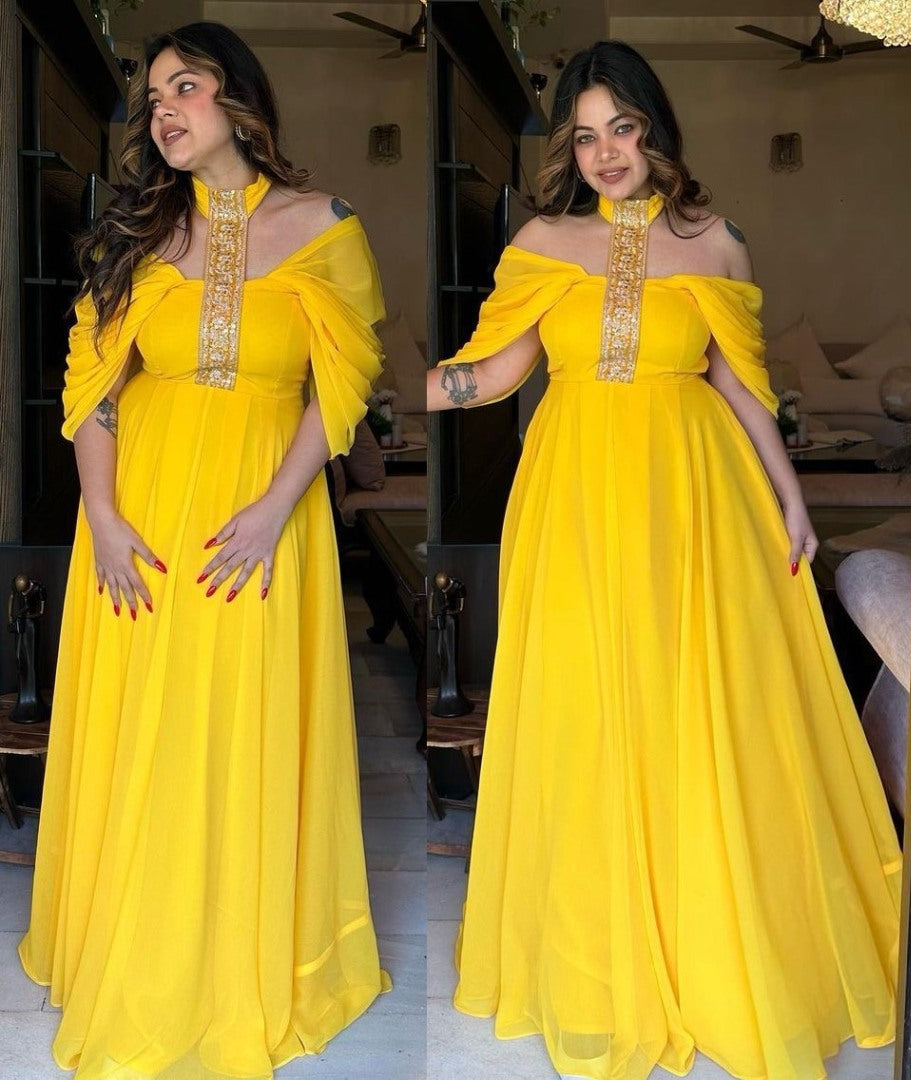 Yellow georgette designer gown for ceremony