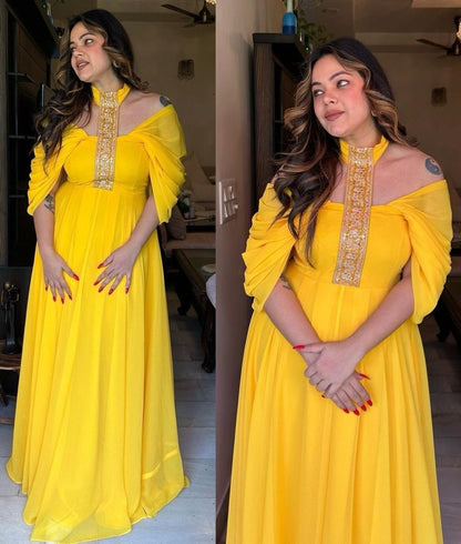 Yellow georgette designer gown for ceremony