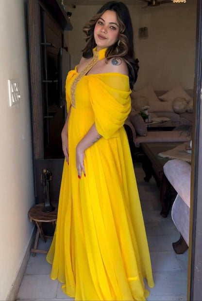Yellow georgette designer gown for ceremony