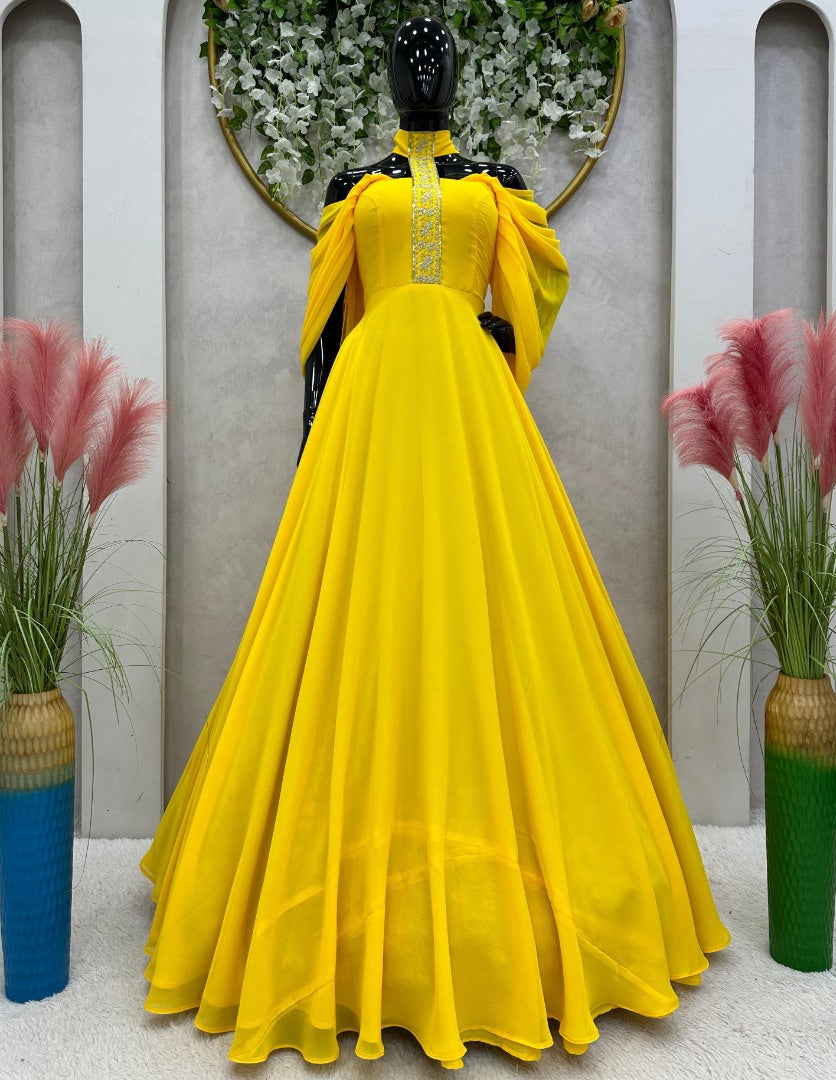 Yellow georgette designer gown for ceremony