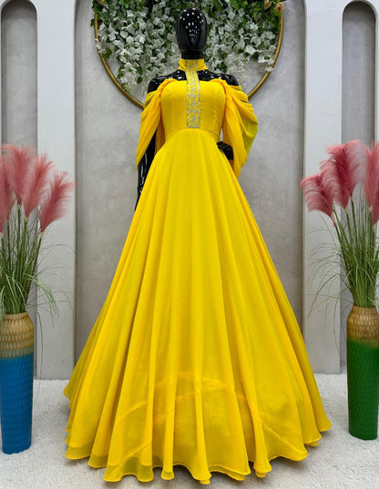 Yellow georgette designer gown for ceremony