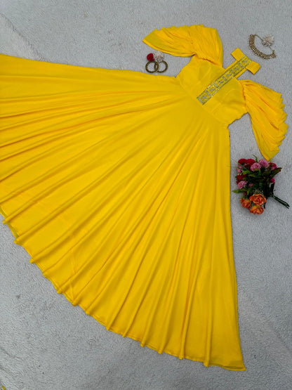 Yellow georgette designer gown for ceremony
