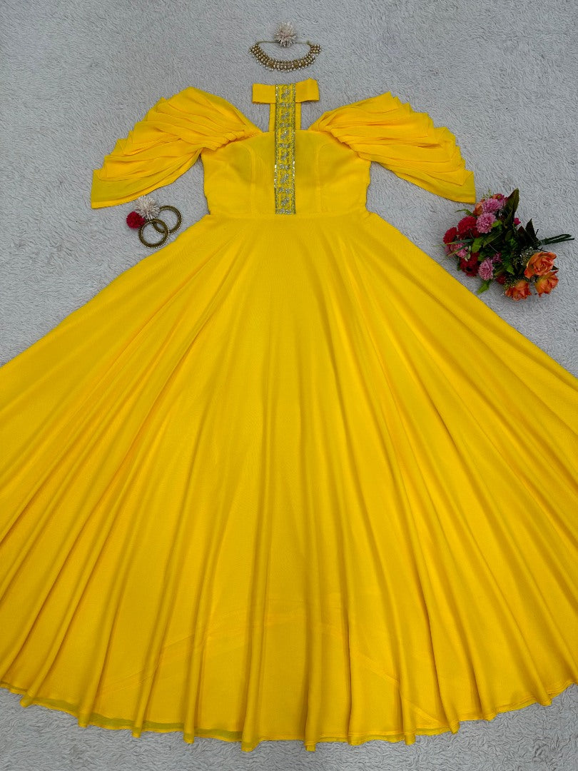 Yellow georgette designer gown for ceremony