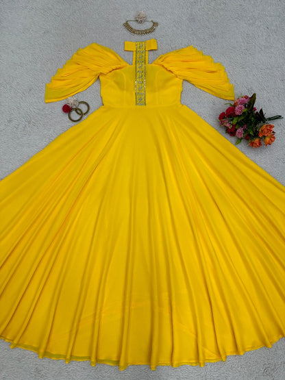 Yellow georgette designer gown for ceremony