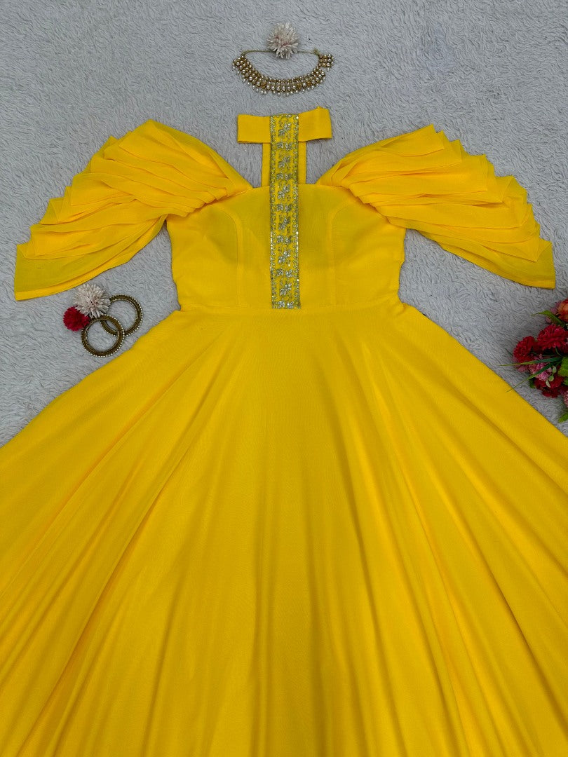 Yellow georgette designer gown for ceremony