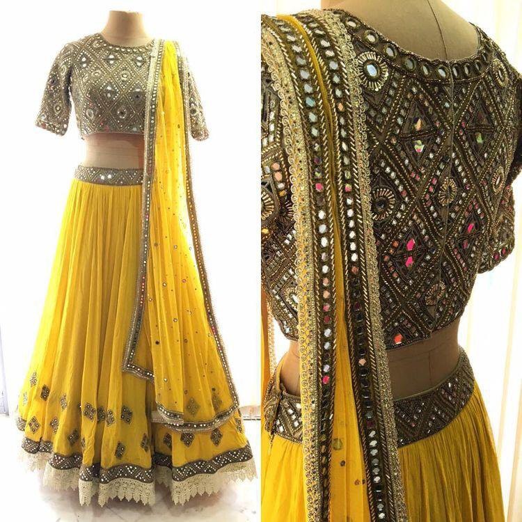 yellow georgette designer mirror work lehenga with heavy blouse