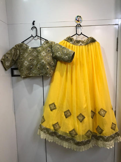 yellow georgette designer mirror work lehenga with heavy blouse