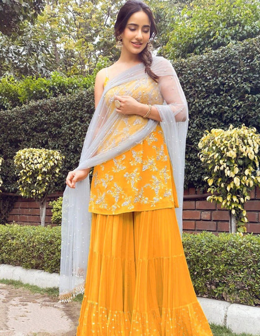 Yellow georgette designer sharara suit