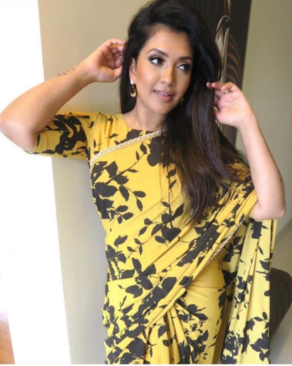 Yellow georgette digital printed saree