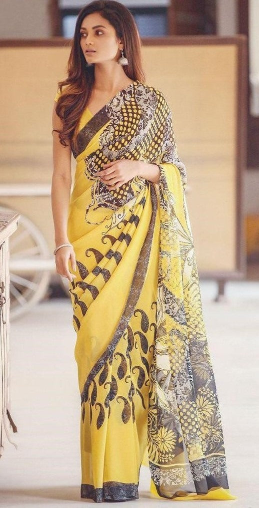 Yellow georgette digital printed saree