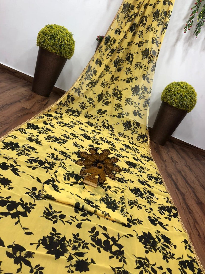 Yellow georgette digital printed saree