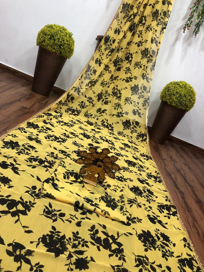 Yellow georgette digital printed saree