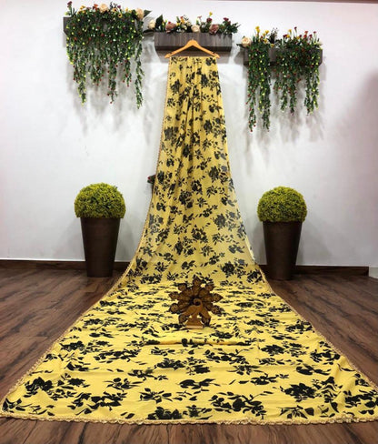 Yellow georgette digital printed saree