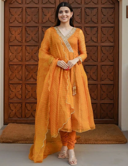Yellow georgette dot printed flairy anarkali suit
