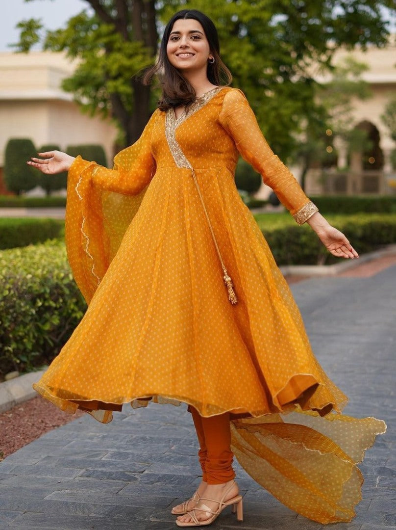 Yellow georgette dot printed flairy anarkali suit
