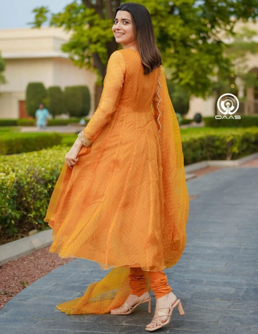 Yellow georgette dot printed flairy anarkali suit