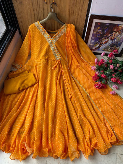 Yellow georgette dot printed flairy anarkali suit
