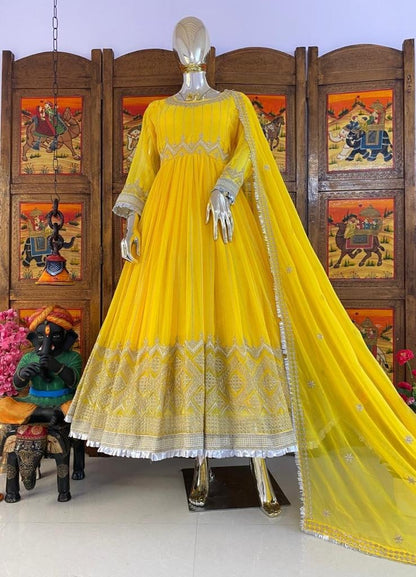 Yellow georgette embroidered anarkali suit