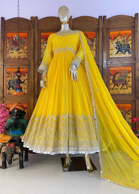 Yellow georgette embroidered anarkali suit