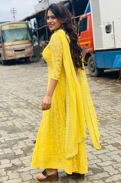 Yellow georgette embroidered anarkali suit