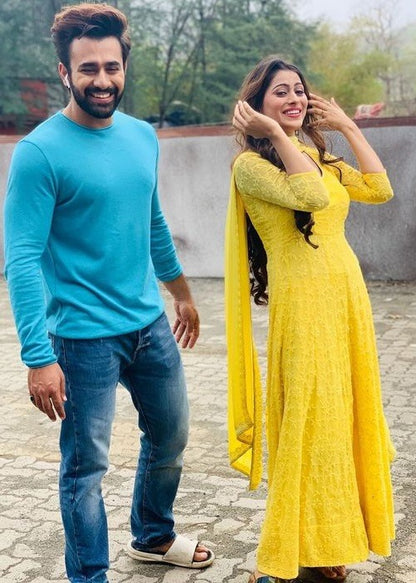 Yellow georgette embroidered anarkali suit