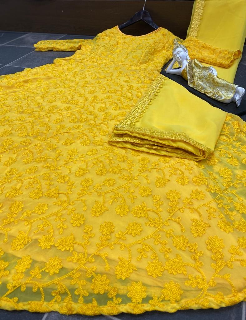 Yellow georgette embroidered anarkali suit