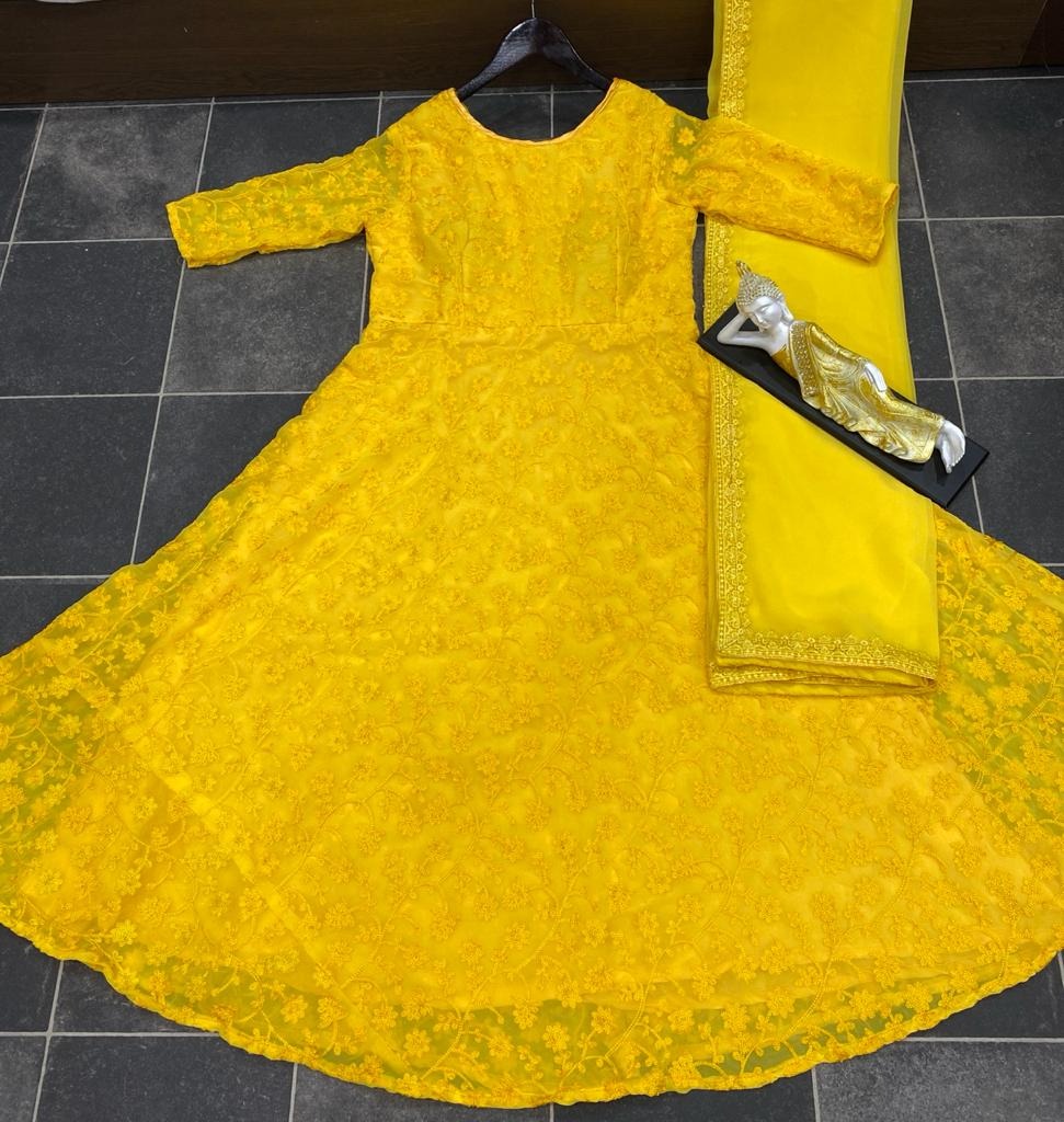 Yellow georgette embroidered anarkali suit