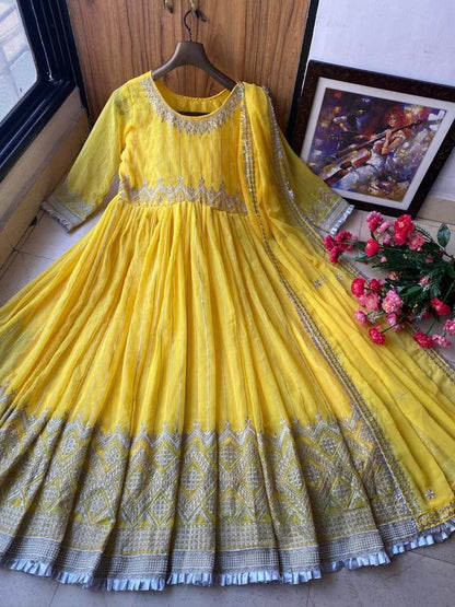 Yellow georgette embroidered anarkali suit