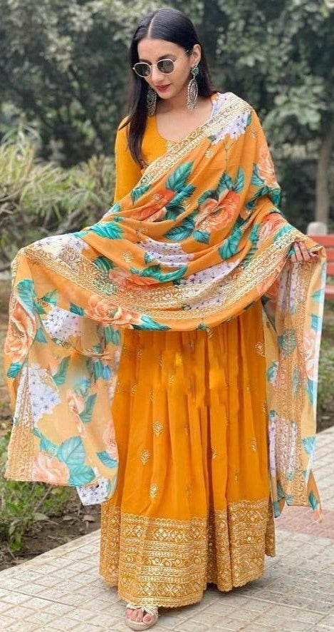 Yellow georgette embroidered anarkali suit with printed dupatta